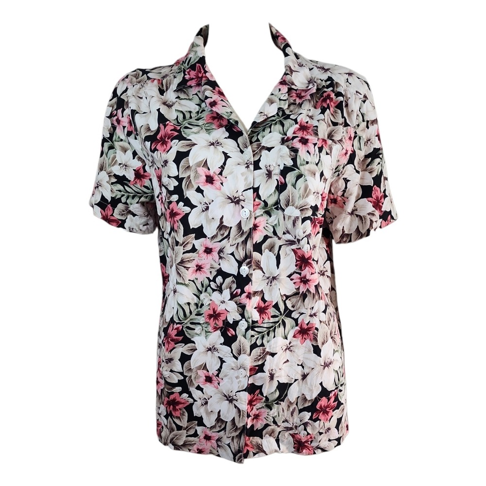 Cathy‎ Daniels Top L Large Pink Black White Floral Hawaiian Tropical Vacation